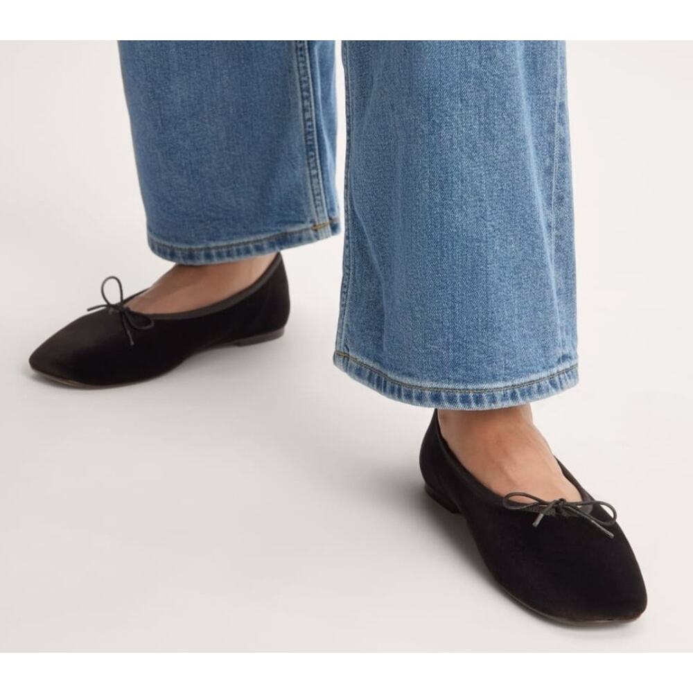 New EVERLANE The Day Ballet Flat Italian suede Leather Sz 6 Black With Bow